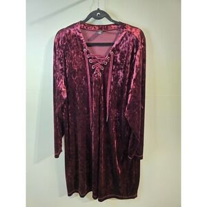 Crushed‎ Velvet Burgundy Midi Dress Boho Fairycore Witchy Lace Up 2X Whimsygoth